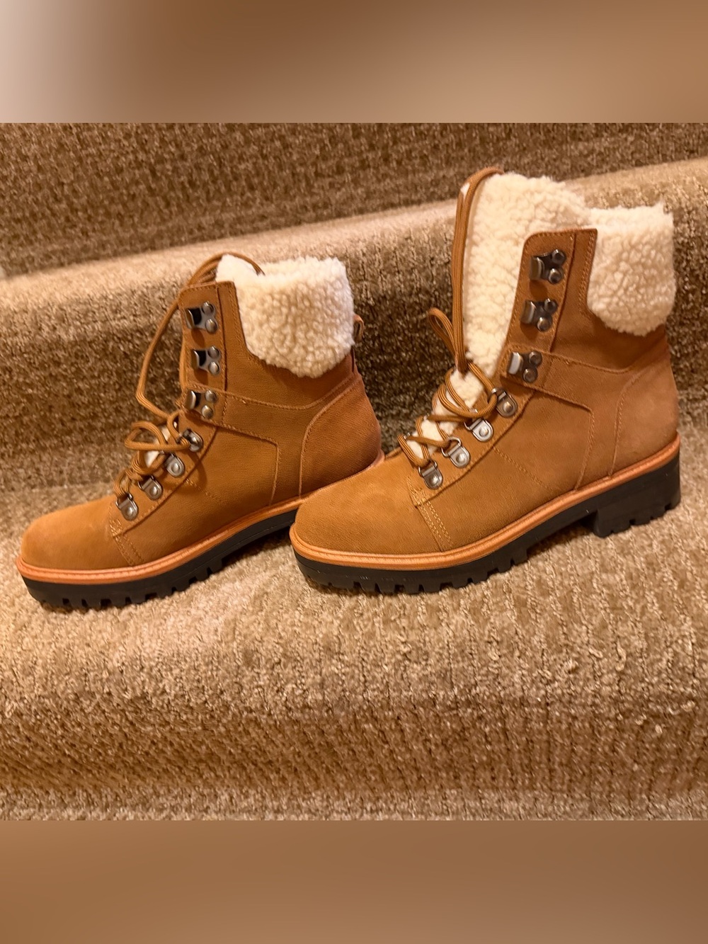 Marc Fisher Tan Suede Shearling-Trim Hiking Winter Boots